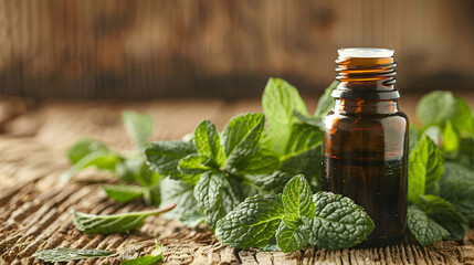 Brown essential oil bottle with mint leaves on wood, perfect for aromatherapy, spa, natural wellness, or relaxationthemed designs and projects.