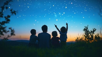 Capture the wonder of a family stargazing on a clear summer night, pointing out constellations and enjoying the night sky. 