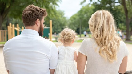 Fototapeta premium A joyful family enjoying a sunny day at the park, watching their child play happily in the vibrant playground nearby