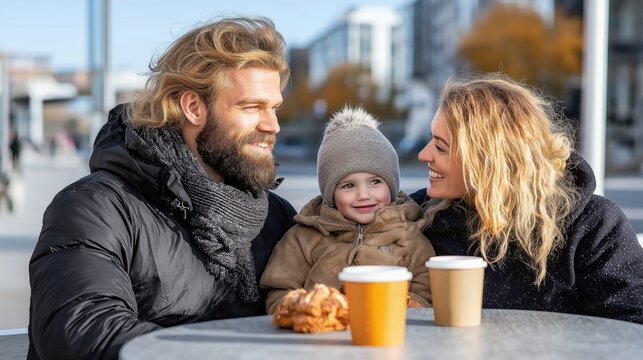 A cozy family gathering in warm jackets enjoying pastries and hot drinks at a café on a crisp autumn day