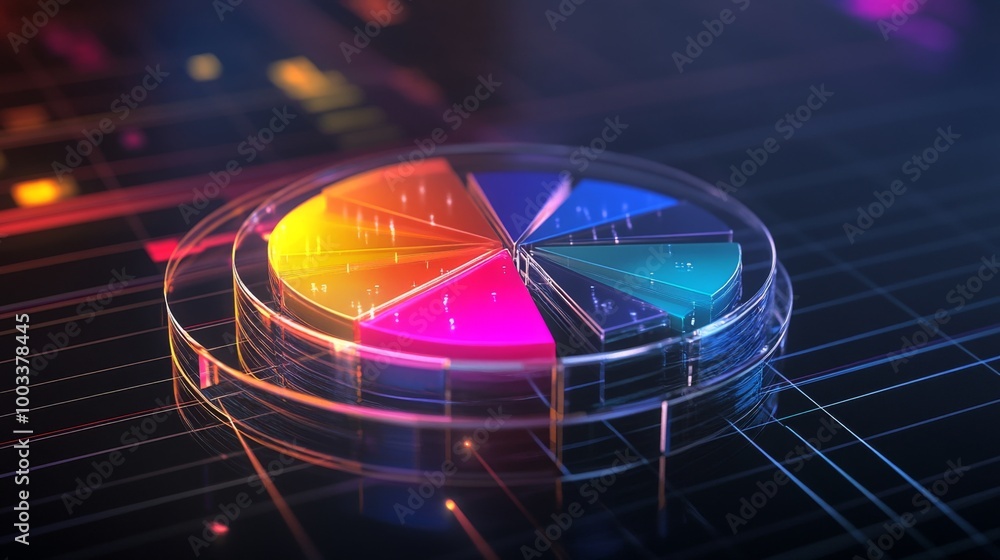 Leinwandbilder a transparent 3d pie chart with sleek, colorful sections rising from a reflective platform, showcasi