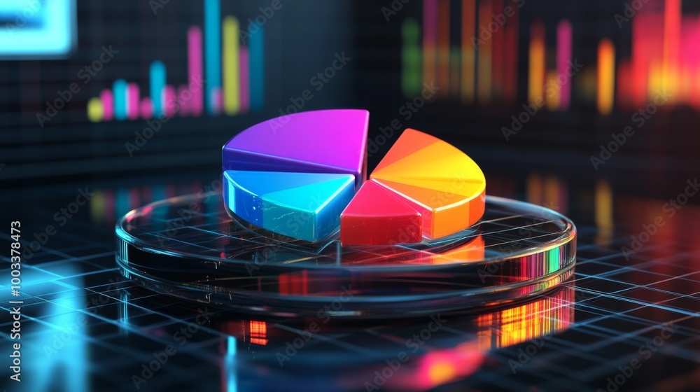 Leinwandbilder a transparent 3d pie chart with sleek, colorful sections rising from a reflective platform, showcasi