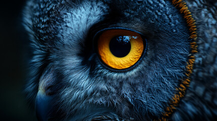 Close-up of an owl's eye, the vibrant yellow iris stands out against the dark blue feathers.