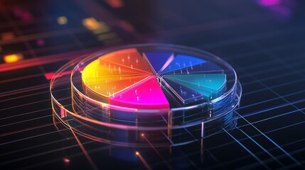 A transparent 3D pie chart with sleek, colorful sections rising from a reflective platform, showcasing business data against a dark backdrop with a glowing grid.