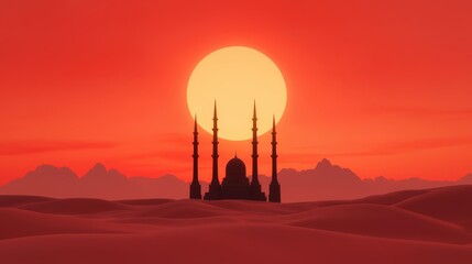 Majestic Mosque Silhouette at Sunset in Desert Landscape