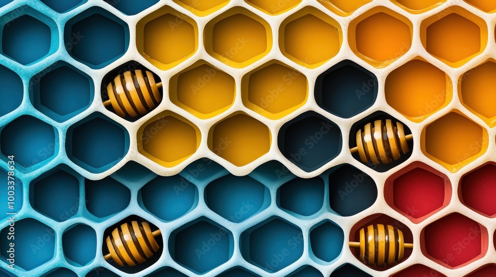 Poster abstract honeycomb pattern with golden honey dippers colorful geometric background