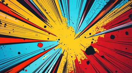 Abstract Comic Book Style Explosion with Yellow, Red, Blue and Black Lines