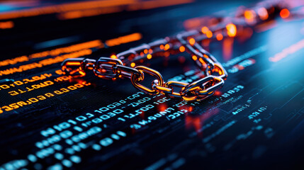 Digital chain symbolizing security and blockchain technology, isolated on black background
