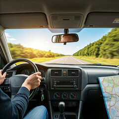 Vivid image of hands on a steering wheel, driving on a sunny road with a map