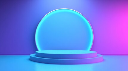 Neon Blue and Purple Abstract Platform with Glowing Oval