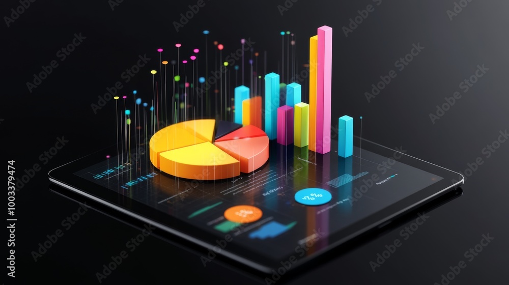 Poster a vibrant 3d pie chart popping out of a tablet screen, showcasing interactive data analysis with col