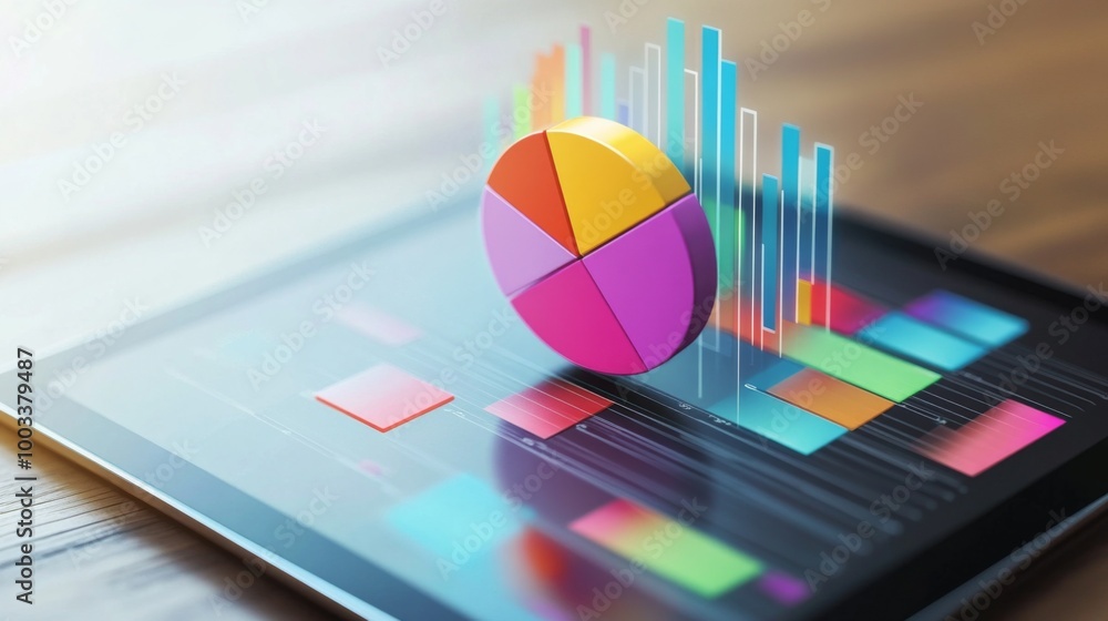 Poster a vibrant 3d pie chart popping out of a tablet screen, showcasing interactive data analysis with col