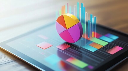 Fototapeta premium A vibrant 3D pie chart popping out of a tablet screen, showcasing interactive data analysis with colorful segments and percentages.