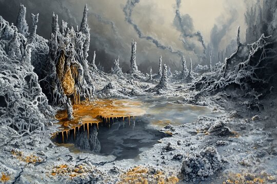 A detailed view of extremophiles like thermophilic bacteria and acidophiles living in environments such as hydrothermal vents and acidic lakes.