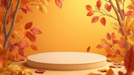 Wooden Podium with Autumnal Leaves on Orange Background