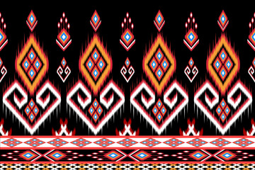 Traditional Ikat pattern with geometric and heart motifs in red, orange and white on a black background. Perfect for textile designs, home decor and fashion items inspired by ethnic crafts.