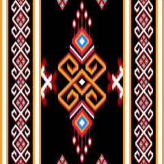 Traditional Ikat pattern with geometric and heart motifs in red, orange and white on a black background. Perfect for textile designs, home decor and fashion items inspired by ethnic crafts.