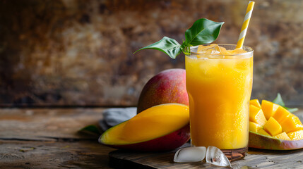 Glass of mango juice with ice, straw, and fresh mangoes. Ideal for summer beverage ads, tropical drink menus, food blogs, and refreshing lifestyle visuals.