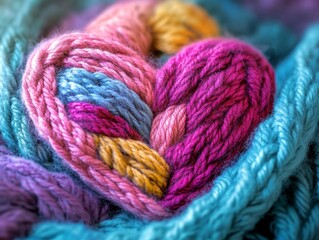 Colorful knitted heart nestled in vibrant yarns showcasing the artistry of handmade textile crafts on a sunny afternoon