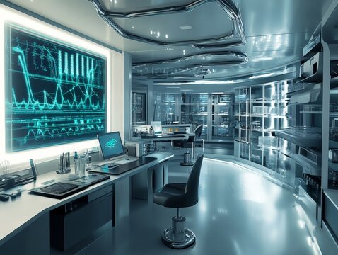 A futuristic lab working on synthetic genomics, where researchers create entirely synthetic organisms with programmable traits.