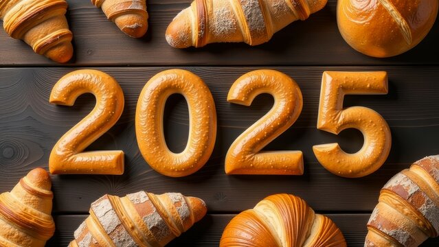 assortment of freshly baked bread and pastries, arranged on dark wooden surface, numbers 2025 made of bread in the middle. bakery or pastry shop advertising, baking tips, culinary blogs concept.