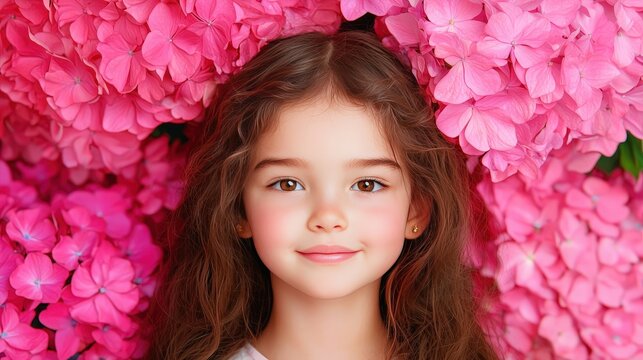 Happy Little Girl Smiling in a Pink Flower Garden