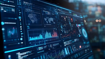 Futuristic digital dashboard displaying predictive analytics,machine learning algorithms,and data visualization patterns for finance,business,and technology applications.