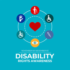 Disability rights awareness month observed each year from November. Hexagonal with circle shape. Banner poster, flyer and background design template. Vector illustration.