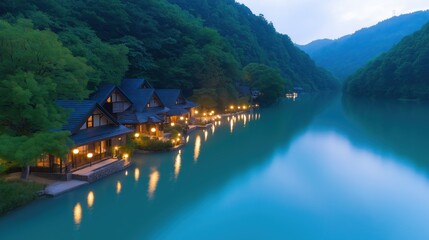 Obraz premium Glowing boats sail through a tranquil lakeside village under the night sky, illuminating serene waters with shimmering trails