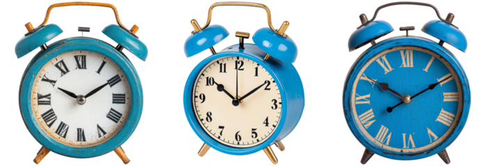Vintage Blue Alarm Clocks on transparent Background