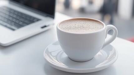 A cozy caf&eacute; setting with a person focused on their laptop while enjoying coffee and observing the world go by