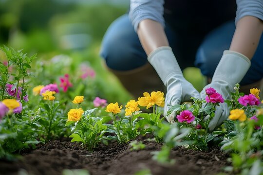 Fototapeta A gardener carefully and meticulously tending to a lush,colorful flower bed,nurturing each plant with great care and attention. The bright.