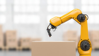 Industrial robot arm handling a package in a modern warehouse environment.