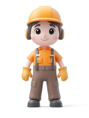 Adorable 3D cartoon-style character of a manufacturing technician or worker wearing a uniform with safety helmet, vest, and other equipment, isolated on a white background. Concept of industrial.