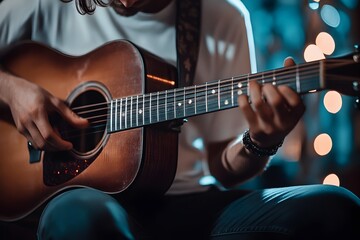 Fototapeta premium A musician playing a soulful melody on an acoustic guitar,captivating the audience with their skills and The bright and clean photo showcases the details of the guitar,the musician's hands.