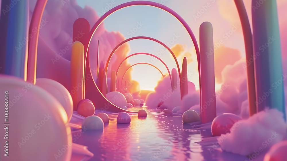Poster abstract landscape with pink and blue colors. the image depicts a surreal environment with a pathway