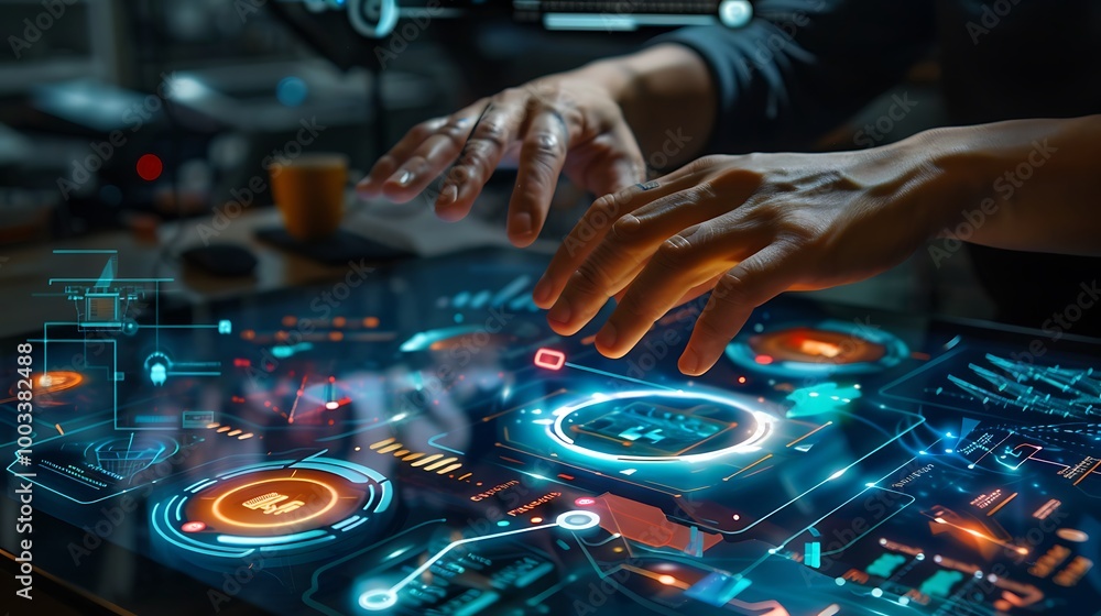 Aufkleber pair of hands interact with a futuristic digital interface.