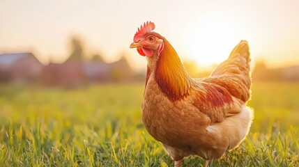 Fototapeta premium Golden Hour Chicken in Meadow Free Range Farming Rural Life Sunset Photo