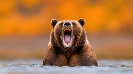 Obraz premium Grizzly Bear Roaring in River with Autumn Background