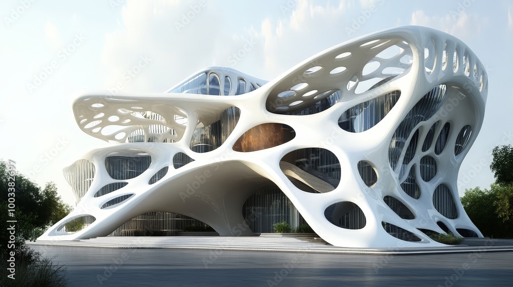 Poster a parametric design concept for a sustainable building, with responsive elements that adjust to natu