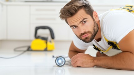 Obraz premium A skilled plumber inspects plumbing under a kitchen sink with a flashlight to detect hidden leaks on a sunny afternoon