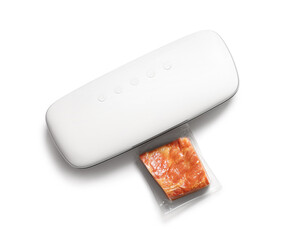 Vacuum sealer machine for food with meat in pack on white background