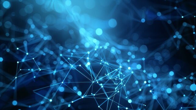 A vast digital landscape composed of interconnected blue plexus lines and glowing node