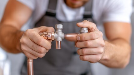 Skilled plumber meticulously installing copper pipes in a modern workshop setting during daylight hours