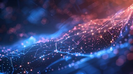 An abstract digital landscape featuring interconnected red and blue plexus lines