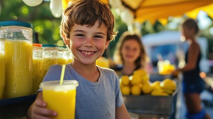 Lemonade Stand Capture the charm of kids running a lemonade stand, serving refreshing drinks to neighbors on a hot day