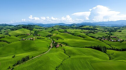 Obraz premium Rolling Green Hills Lush Landscape Rural Village Aerial View Countryside Rwanda