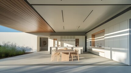 Modern Minimalist Kitchen and Dining Area, Sleek Design with White Walls, Light Wood Accents, and Abundant Natural Light