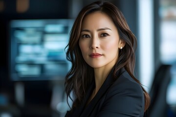 Fototapeta premium Poised and Influential Female Executive Showcasing Her Corporate Leadership and Authoritative Presence in a Sleek and Modern Office Setting
