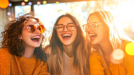 Three joyful female friends laughing and embracing each other, showcasing their happiness in bright, sunny setting. Their stylish sunglasses and warm sweaters add to cheerful atmosphere